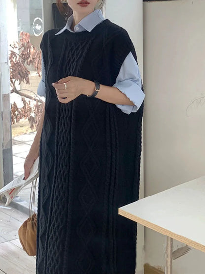 Knit Loose Patchwork Maxi Dress for Sleeveless High Waist Ribbed Dress Knitwear Dress