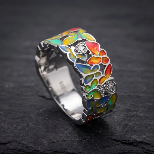 Vintage Enamel Colorful Silver Ring
