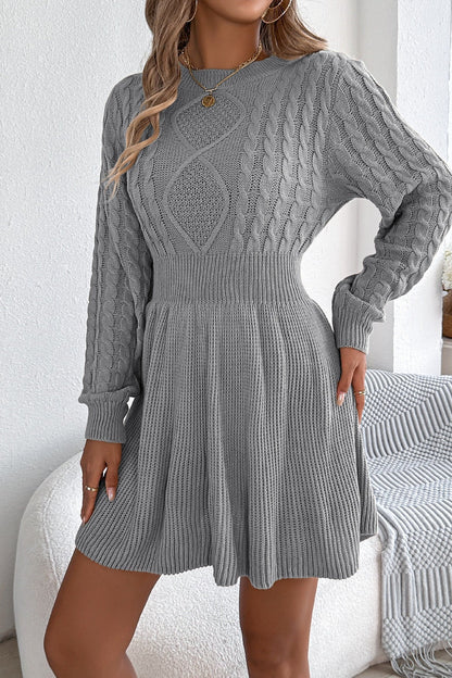 Round Neck Chunk Cable Waisted Knit Mini Dress
