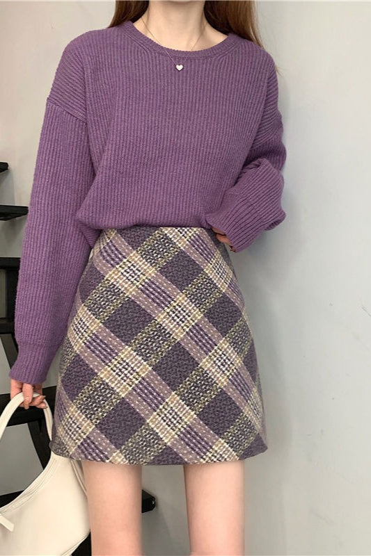 Wool Plaid High Waist A-line Skirt