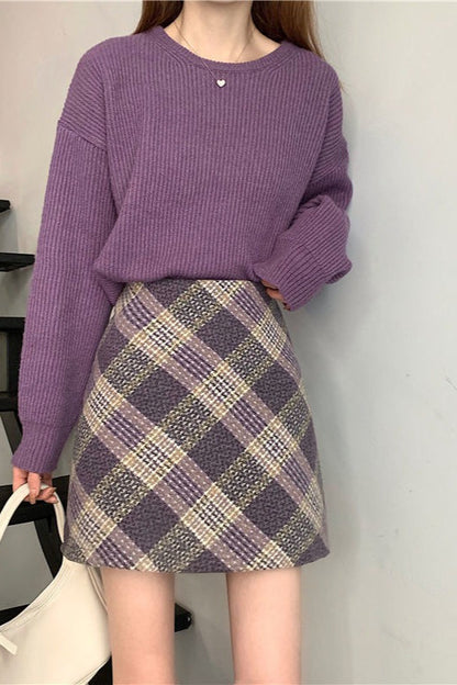 Wool Plaid High Waist A-line Skirt