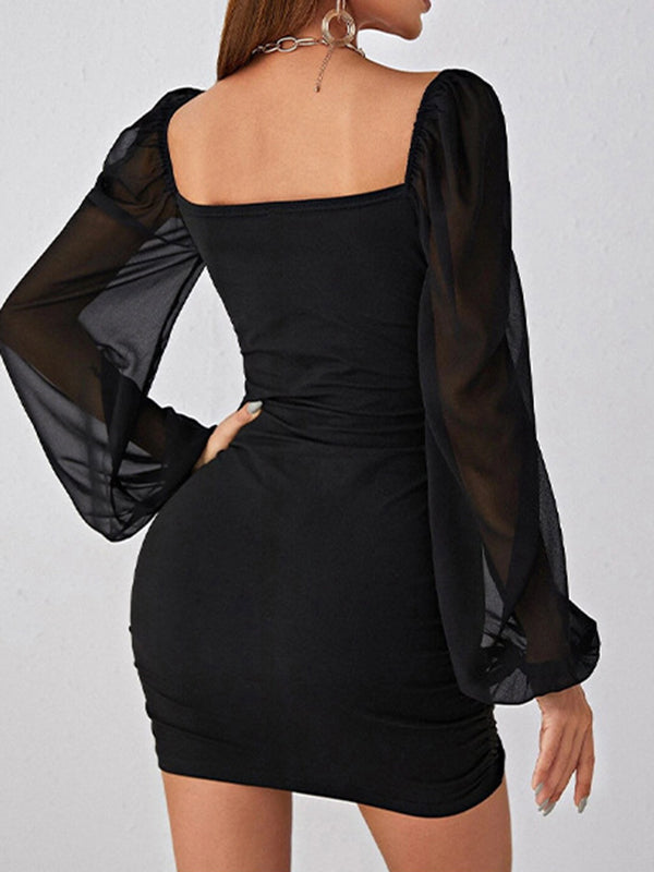 Loose Puff Sleeves Gauze Pleated See-through Color Split-joint Square-neck Evening Dresses Mini Dresses