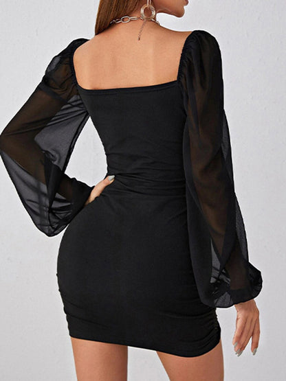 Loose Puff Sleeves Gauze Pleated See-through Color Split-joint Square-neck Evening Dresses Mini Dresses