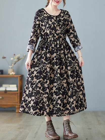 Artistic Retro Ramie Cotton Printed Pleated Round-neck Long Sleeves Midi Dress