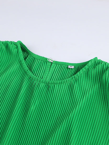 A-line Flared Sleeves High-waisted Pleated Color Zipper Round-neck Mini Dresses