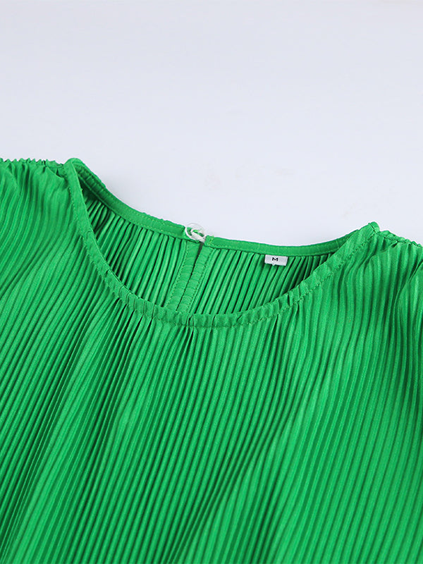 A-line Flared Sleeves High-waisted Pleated Color Zipper Round-neck Mini Dresses