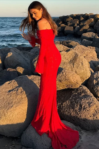 Off Shoulder Lace Flare Sleeve Fitted Train Maxi Dress