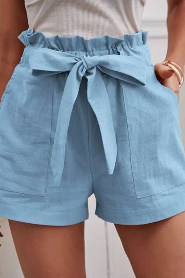 Loose Color Elastic Waist Tie Shorts