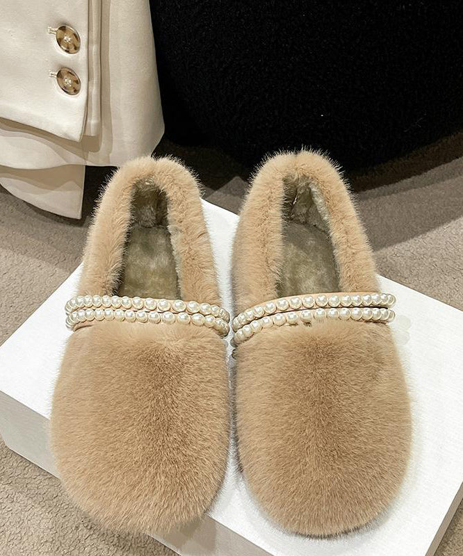 Stylish Beige Fuzzy Fur Nail Bead Splicing Flat Feet Shoes
