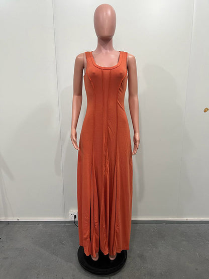 Sleeveless Color Split-joint U-neck Maxi Dresses