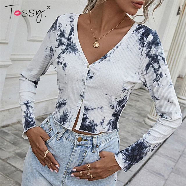 Tie Dye Print Crop Top White Ribbed Top Long Sleeve Spring V-neck Outfits Knitwear Cardigan
