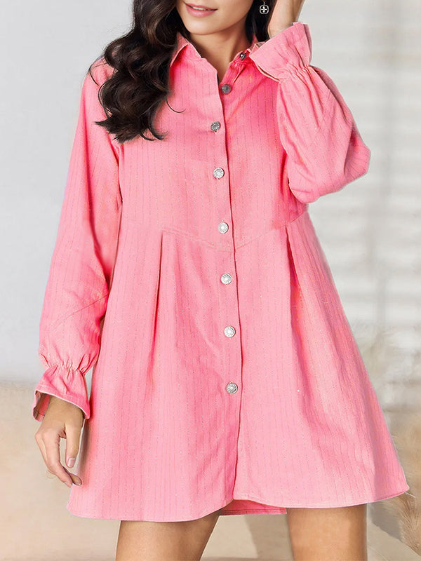 A-line Loose Pleated Split-joint Striped Lapel Mini Dresses Shirt Dress