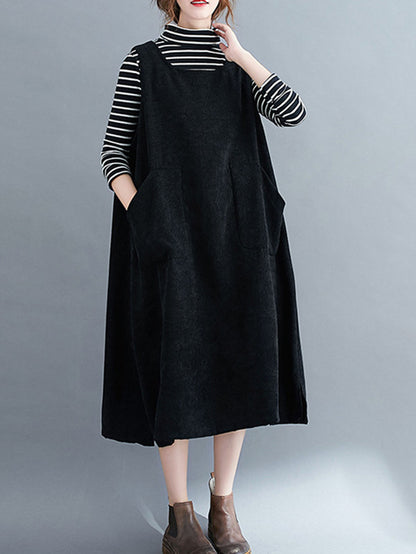 Corduroy Sleeveless Split-joint Round-neck Midi Dress