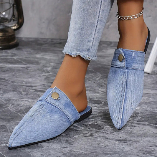 Flat Pointed Toe Denim Slippers