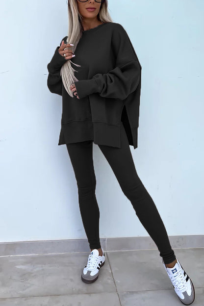 Color Loose Long Sleeve Slitsweatshirt and Elastic Waist Tight Pants Set