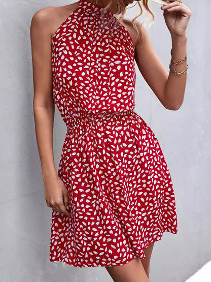 A-line High Waisted Elasticity Leaves Print Pleated Halter-neck Mini Dresses