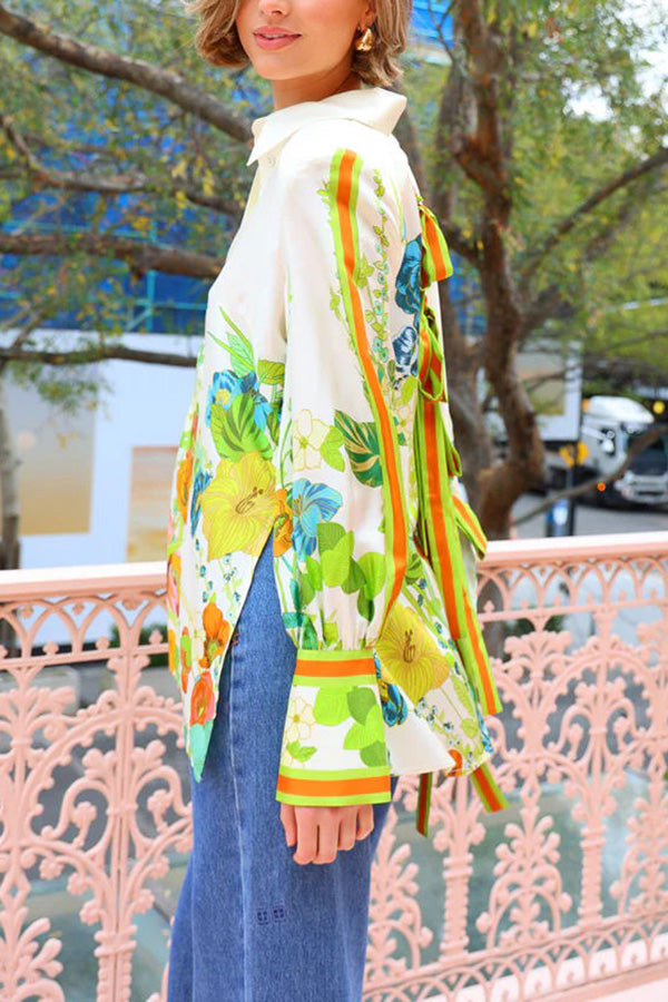 Antibes Satin Print Back Tie-up Button Down Oversized Blouse