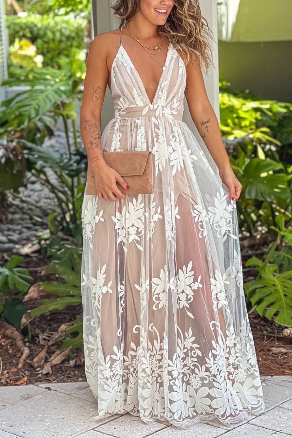 White and Beige Cross Back Tulle Maxi Dress