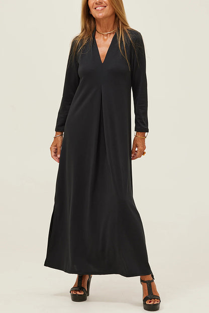 Color V-neck Slit Maxi Dress