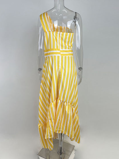 High Waisted Loose Asymmetric Hollow Pleated Pockets Split-joint Striped Zipper One-shoulder Midi Dresses