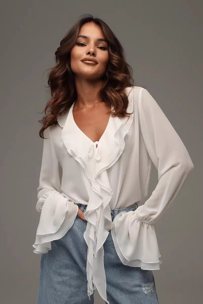 V-neck Ruffled Flare Sleeve Blouse