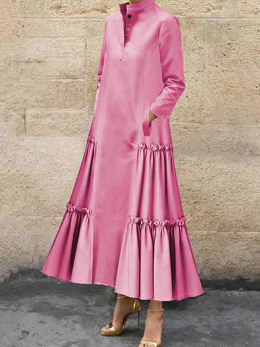 A-line Long Sleeves Buttoned Layered Pleated Pockets Ruffled Color Split-joint Stand Collar Maxi Dresses