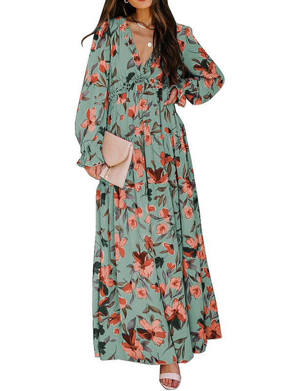 High Waisted Long Sleeves Flower Print Pleated Ruffled V-neck Maxi Dresses