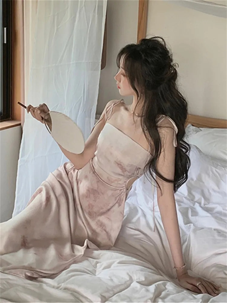 Spaghetti Strap Satin Midi Dress Hollow Out Slim Waist Summer Prom Roe One Piece Vestidos Mujer New