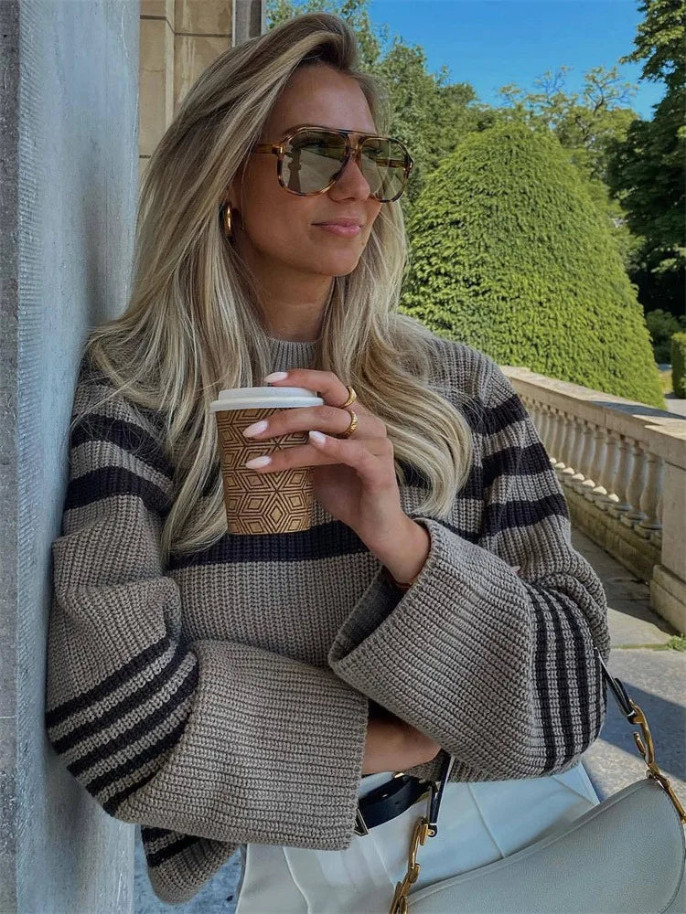 Striped Knitwear Top Female Loose Autumn High Waist Contrast Knit Sweater Slim Patchwork Pullover