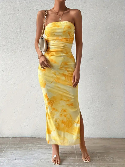 Yellow Print Off Shoulder Backless Split Bodycon Tube Maxi Dress