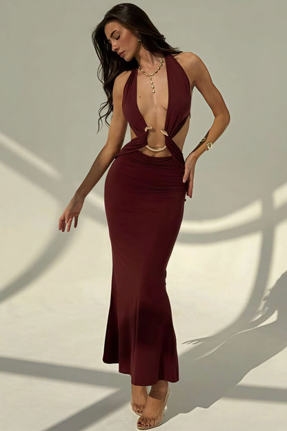 Halter Deep V Neck Backless Metal Maxi Dress