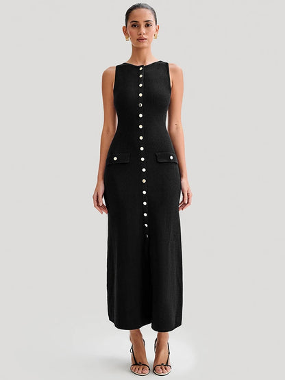 Sleeveless Buttoned Maxi Dress for Round Two Pocket Slim Knit Long Dress Knitwear New