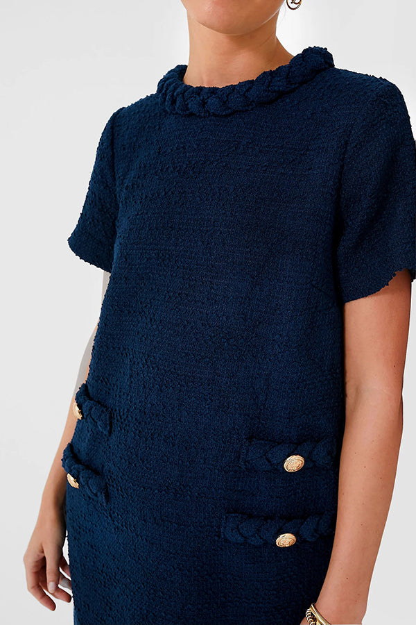 Confident and Tweed Fabric Braided Trim Button Shift Mini Dress