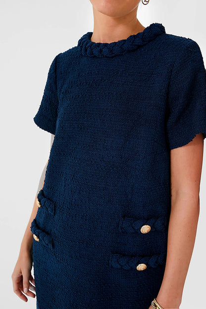 Confident and Tweed Fabric Braided Trim Button Shift Mini Dress