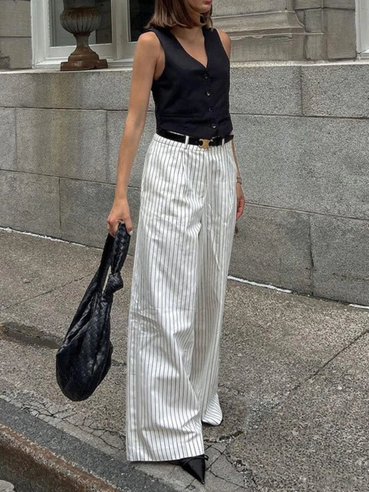 ’s Black White Stripe Wide Leg Pants New High Waist Zipper Loose Work Business Pants With Pockets