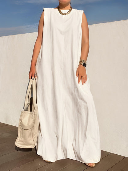 Loose Sleeveless Shoulder Pad Color Round-neck Maxi Dresses