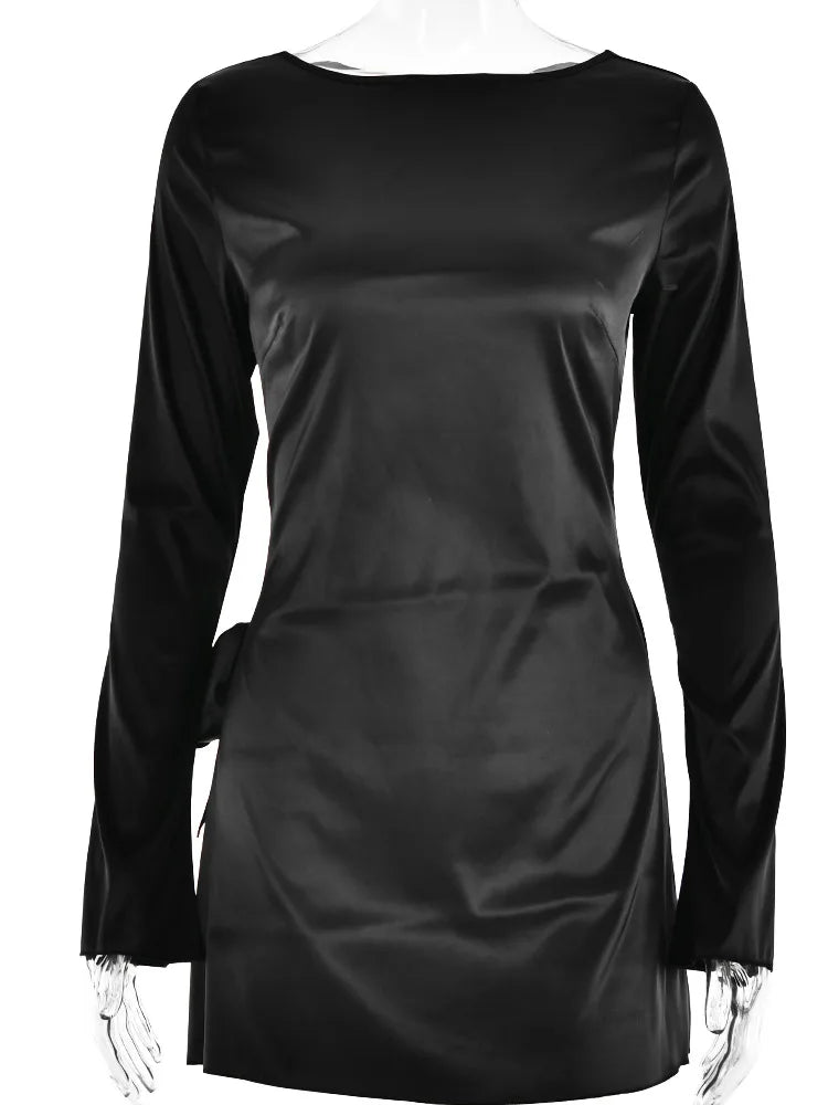 Julissamo New Backless Bandage Irregular Satin Mini Dress for Party Clubwear Long Sleeve Dresses