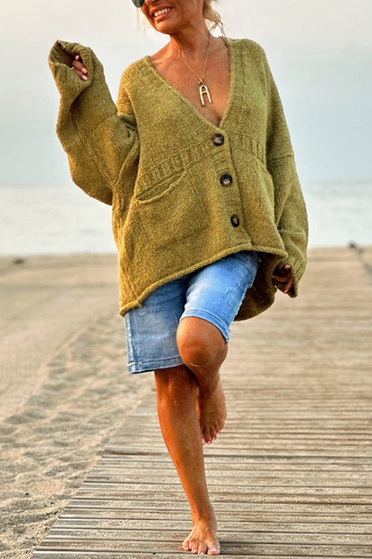 Color Loose Long Sleeve V-neck Pocket Knitted Sweater Cardigan
