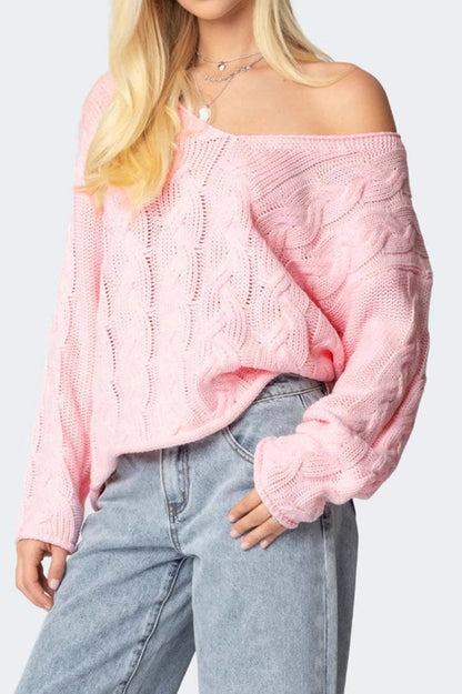 Color V-neck Cable-knit Loose Sweater