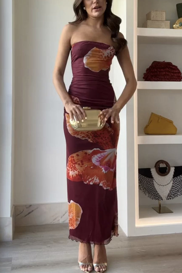 Oh So Sunny Mesh Print Bandeau Stretch Maxi Dress