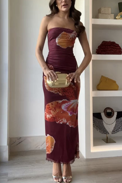 Oh So Sunny Mesh Print Bandeau Stretch Maxi Dress