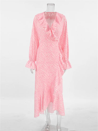 Pink Printed Ruffled Long Dress ’s Lace-up Long Sleeve Contrast Patchwork Party Dress Female Bandage Dress