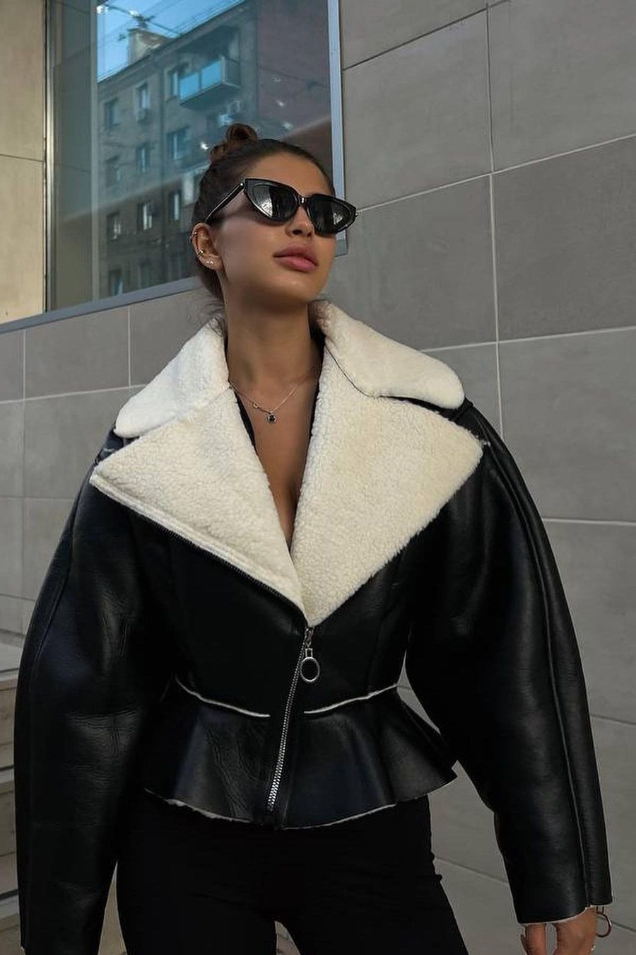 Odd Zip Leather Fur Pieced Coat