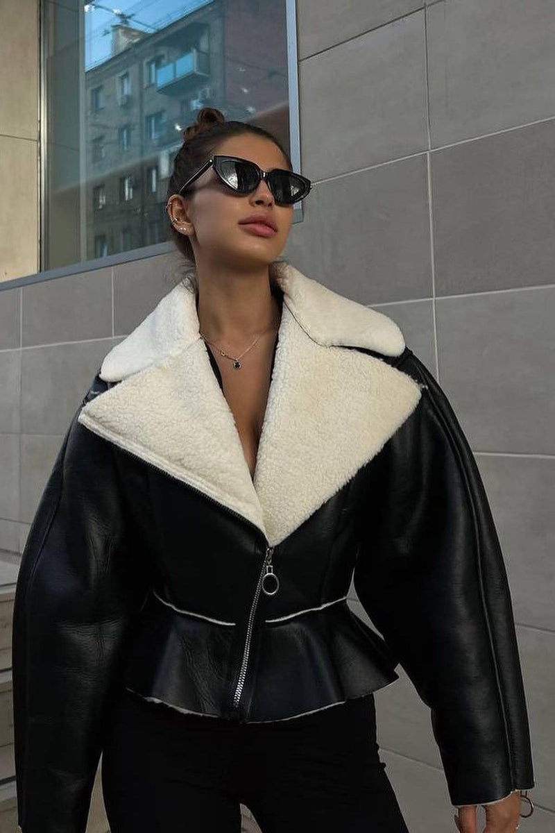 Odd Zip Leather Fur Pieced Coat