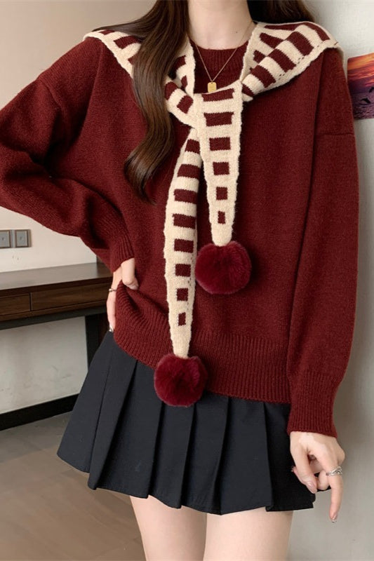 Striped Shawl Collar Pom Pom Sweater