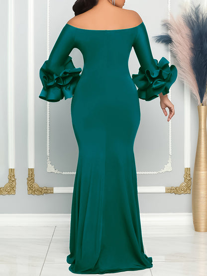 Bodycon Flared Sleeves Falbala Color Split-side Off-the-shoulder Maxi Dresses