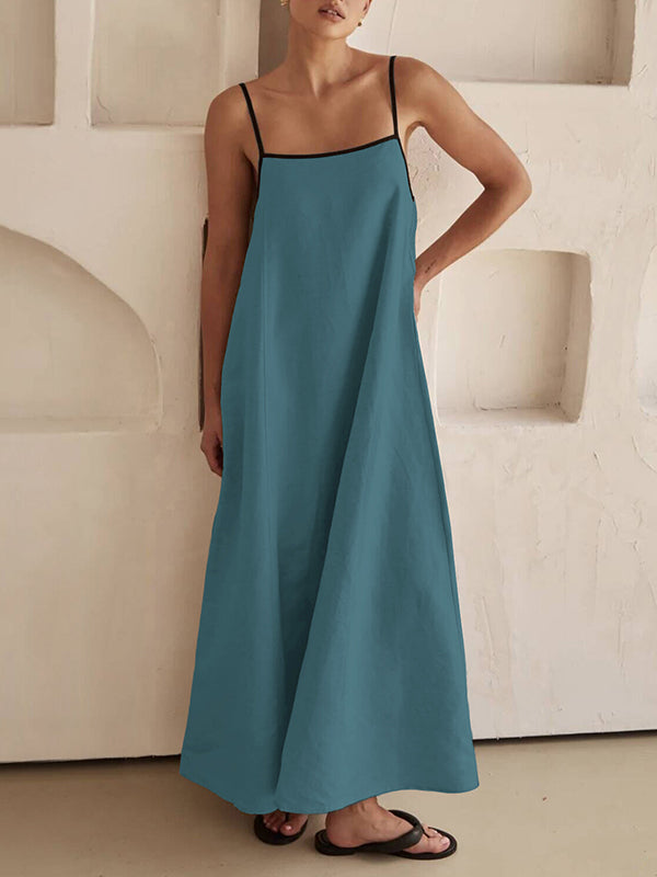 A-line Loose Split-joint Spaghetti-neck Maxi Dresses