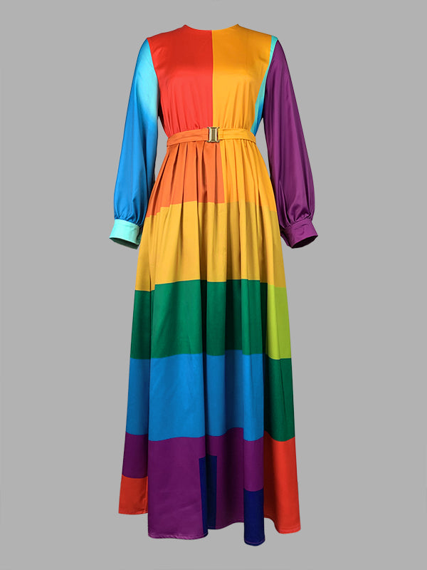 Long Sleeves Loose Colorful Striped Round-neck Maxi Dresses