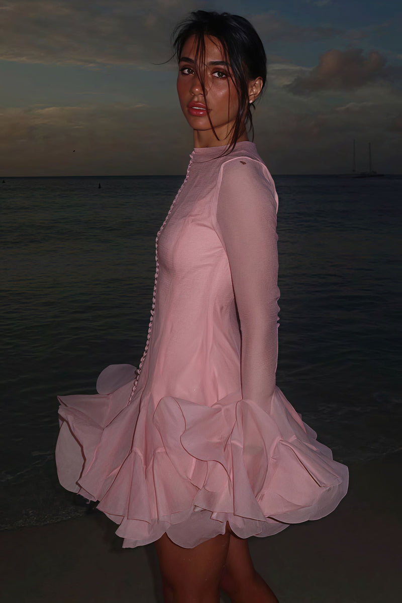 Buttoned Ruffled Long Puff Sleeve Mini Dress