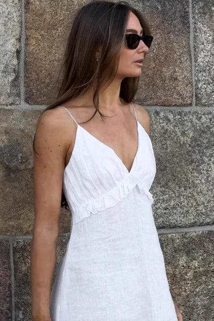 White Cotton Linen V-neck Ruffle Loose Maxi Dress